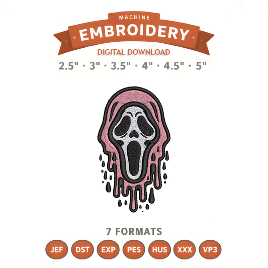 Pink Ghost Face Embroidery Design File | Digital Download | 6 Sizes & 7 Formats Included Threaded Dreams