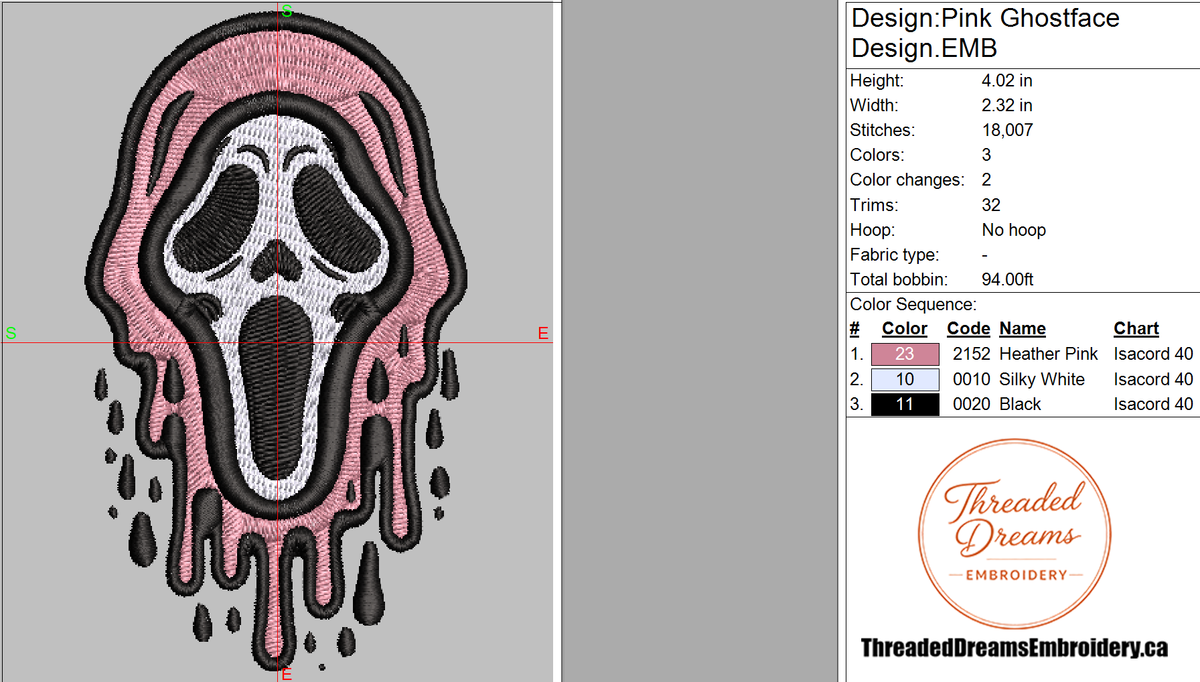 Pink Ghost Face Embroidery Design File | Digital Download | 6 Sizes & 7 Formats Included Threaded Dreams