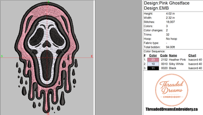Pink Ghost Face Embroidery Design File | Digital Download | 6 Sizes & 7 Formats Included Threaded Dreams