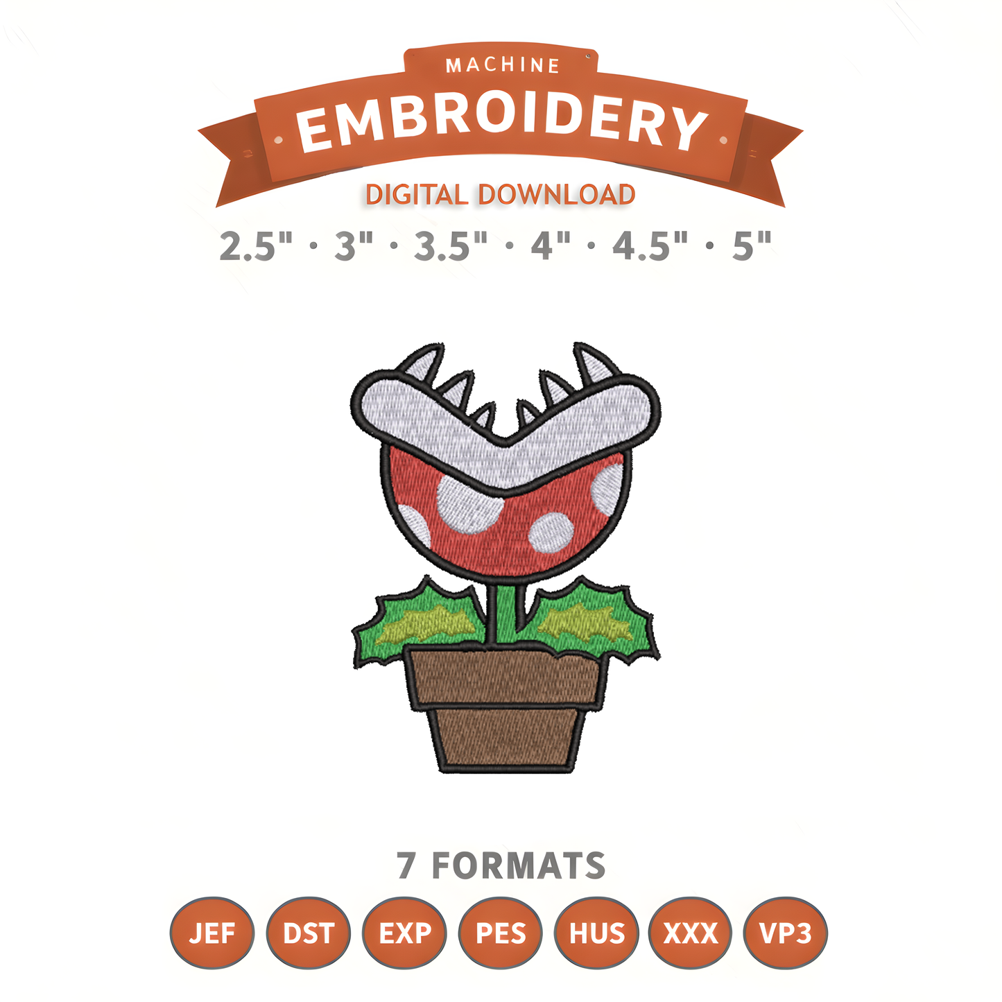 Piranha Plant Mario Embroidery Design File | Digital Download | 6 Sizes & 7 Formats Included Threaded Dreams