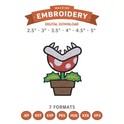 Piranha Plant Mario Embroidery Design File | Digital Download | 6 Sizes & 7 Formats Included Threaded Dreams