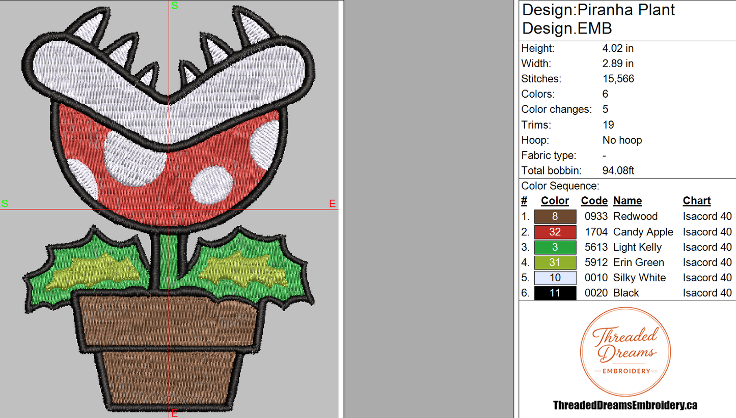 Piranha Plant Mario Embroidery Design File | Digital Download | 6 Sizes & 7 Formats Included Threaded Dreams