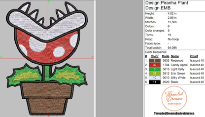 Piranha Plant Mario Embroidery Design File | Digital Download | 6 Sizes & 7 Formats Included Threaded Dreams