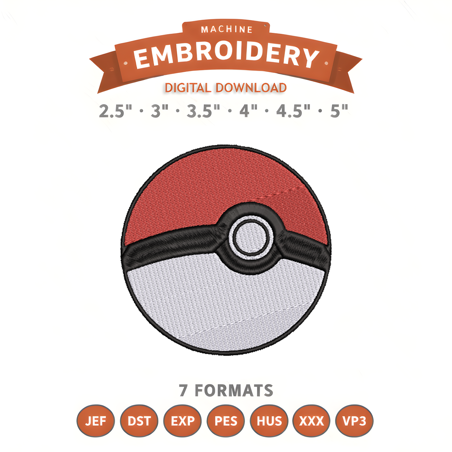 Pokémon Pokéball Embroidery Design File | Digital Download | 6 Sizes & 7 Formats Included Threaded Dreams