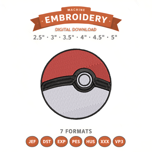 Pokémon Pokéball Embroidery Design File | Digital Download | 6 Sizes & 7 Formats Included Threaded Dreams