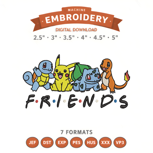 Pokémon Friends Embroidery Design File | Digital Download | 6 Sizes & 7 Formats Included Threaded Dreams
