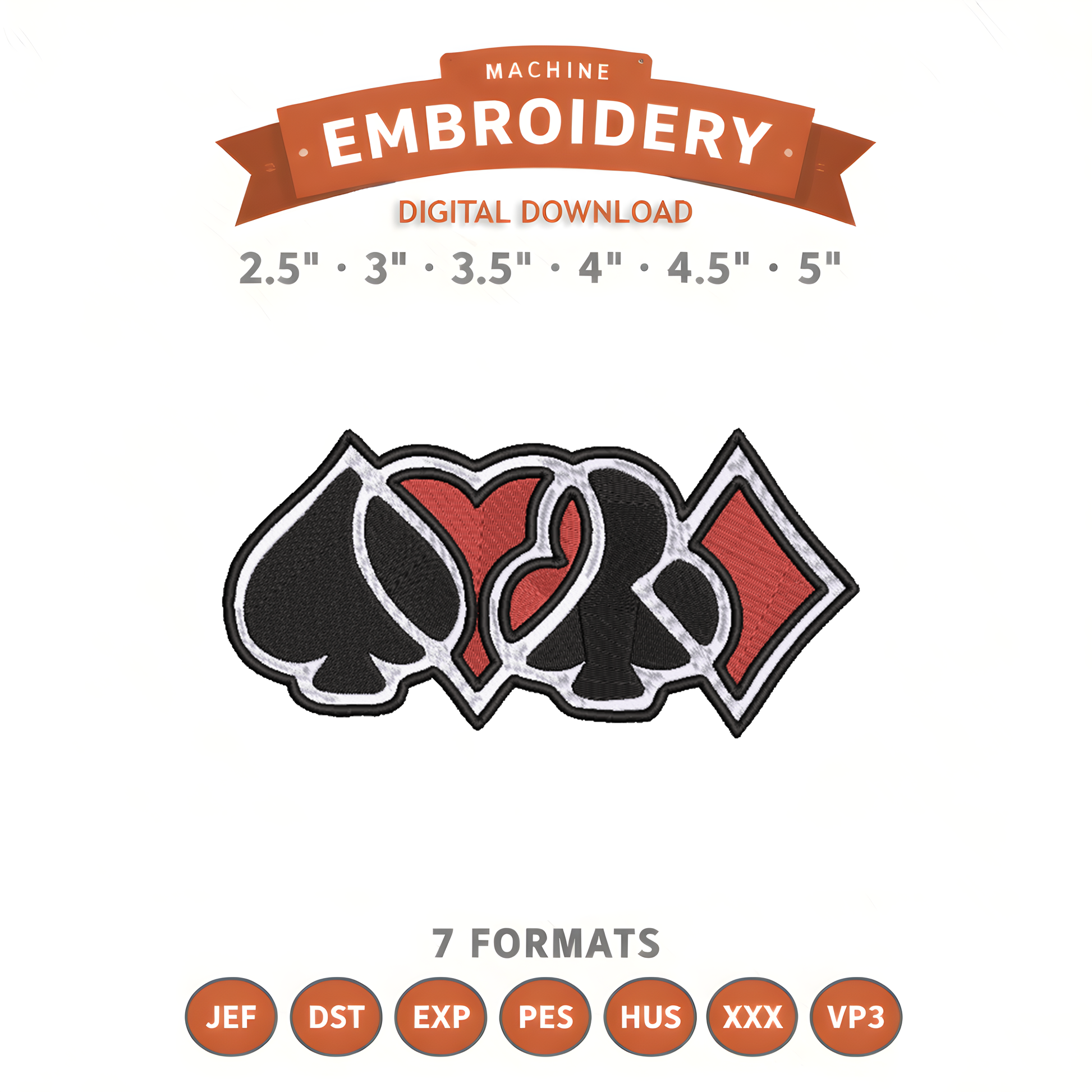 Playing Card Suits Embroidery Design File | Digital Download | 6 Sizes & 7 Formats Included Threaded Dreams