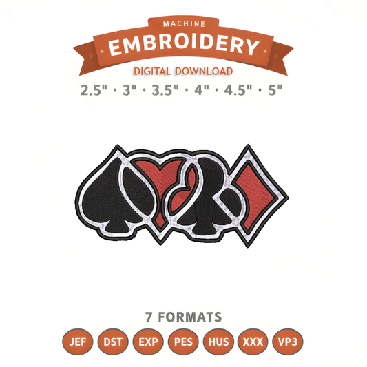 Playing Card Suits Embroidery Design File | Digital Download | 6 Sizes & 7 Formats Included Threaded Dreams