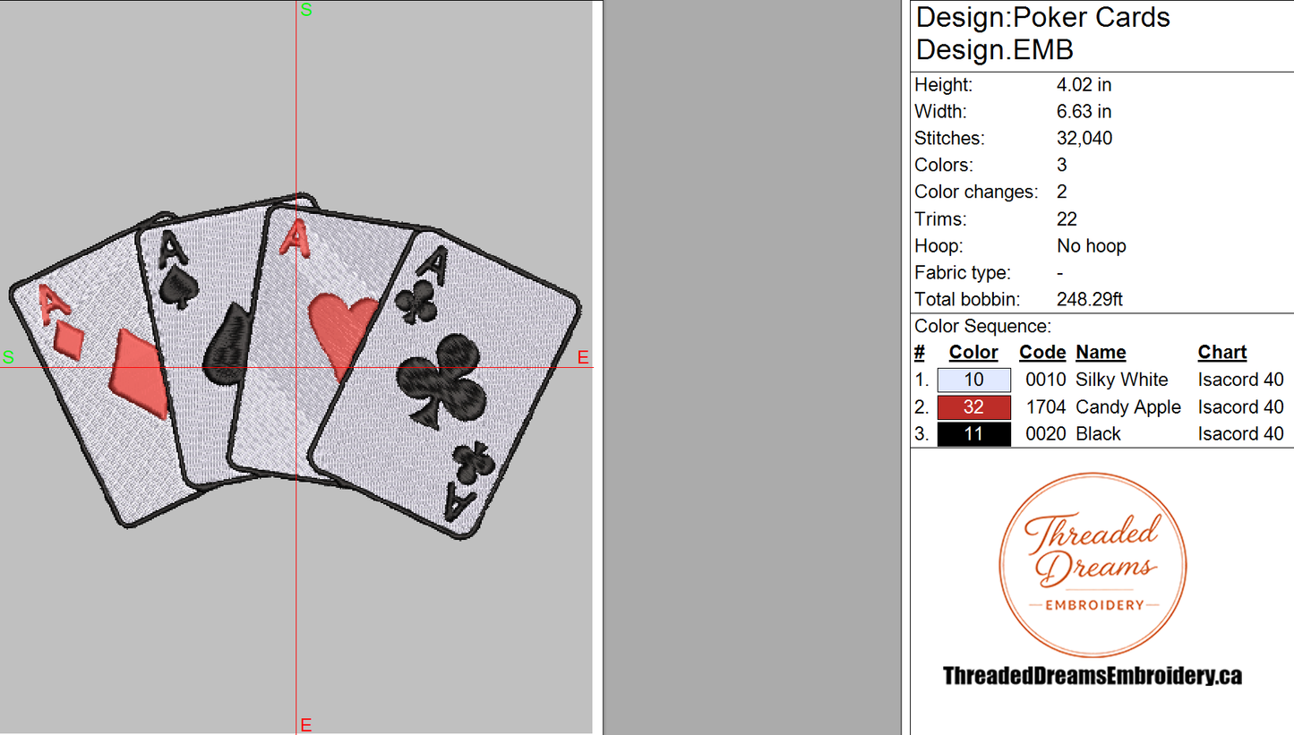 Poker Cards Embroidery Design File | Digital Download | 6 Sizes & 7 Formats Included Threaded Dreams