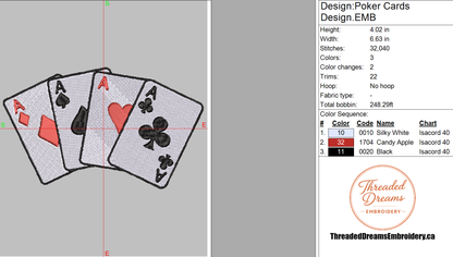 Poker Cards Embroidery Design File | Digital Download | 6 Sizes & 7 Formats Included Threaded Dreams
