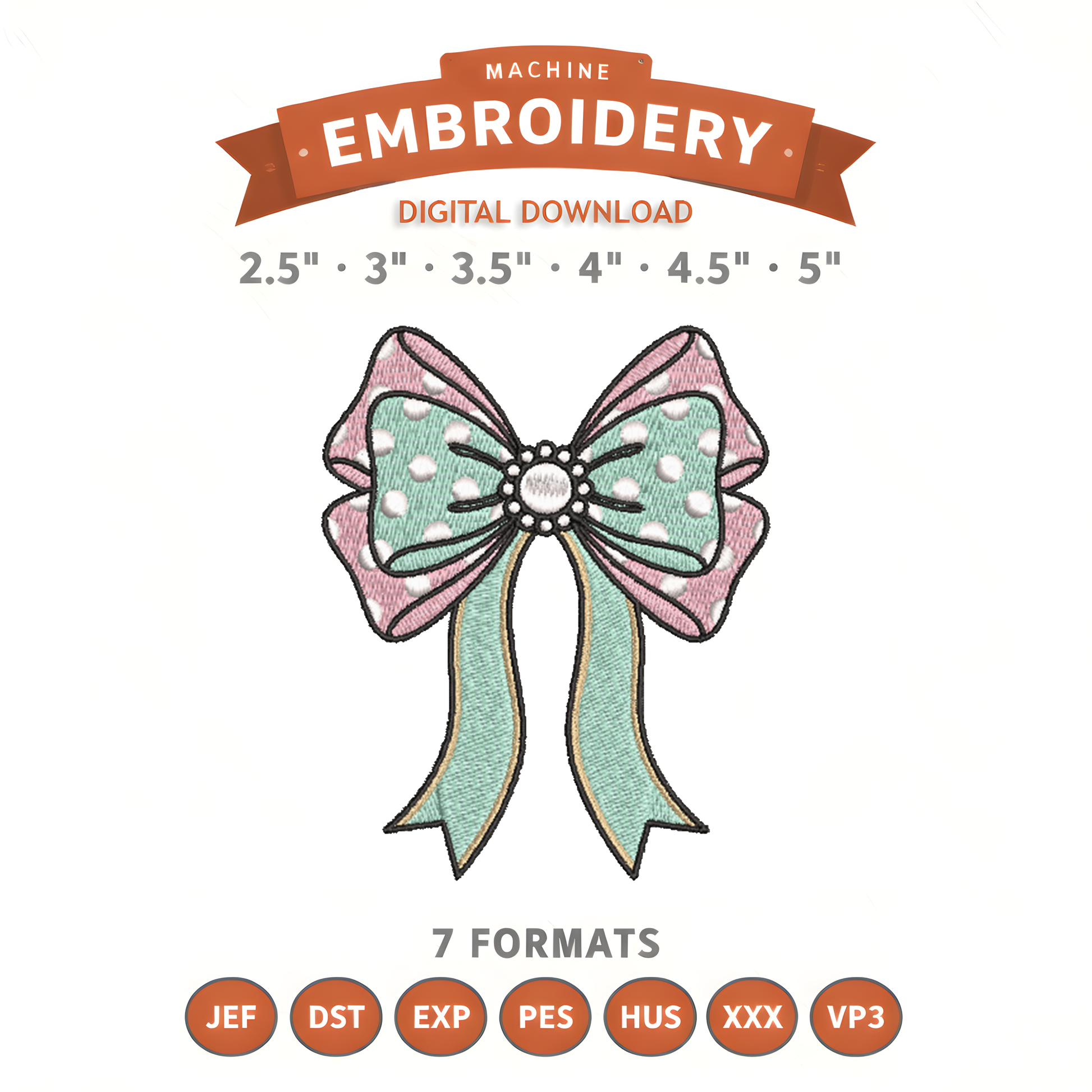 Polka Dot Bow Embroidery Design File | Digital Download | 6 Sizes & 7 Formats Included Threaded Dreams