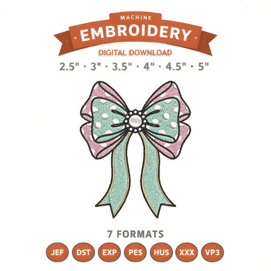 Polka Dot Bow Embroidery Design File | Digital Download | 6 Sizes & 7 Formats Included Threaded Dreams