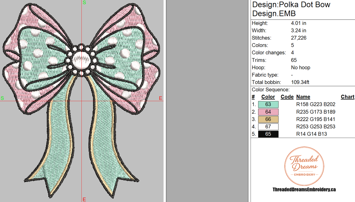 Polka Dot Bow Embroidery Design File | Digital Download | 6 Sizes & 7 Formats Included Threaded Dreams