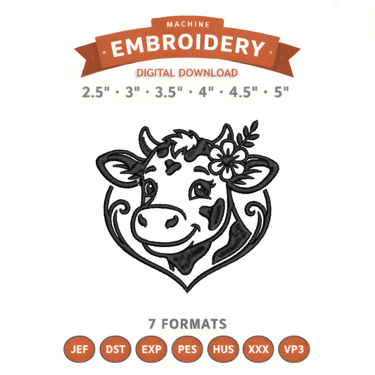 Cute Floral Cow Embroidery Design File | Digital Download | 6 Sizes & 7 Formats Included Threaded Dreams