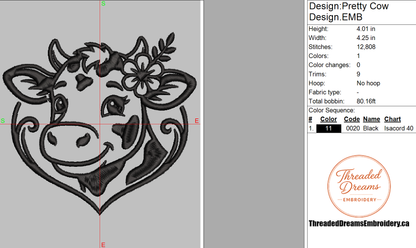 Cute Floral Cow Embroidery Design File | Digital Download | 6 Sizes & 7 Formats Included Threaded Dreams