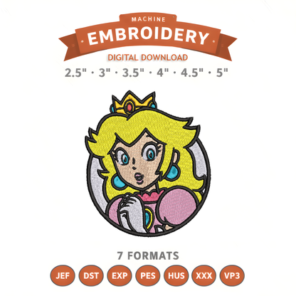 Princess Peach Badge Embroidery Design File | Digital Download | 6 Sizes & 7 Formats Included Threaded Dreams