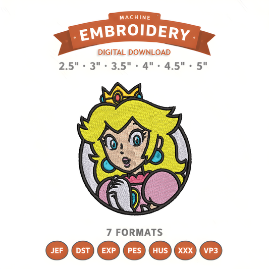 Princess Peach Badge Embroidery Design File | Digital Download | 6 Sizes & 7 Formats Included Threaded Dreams