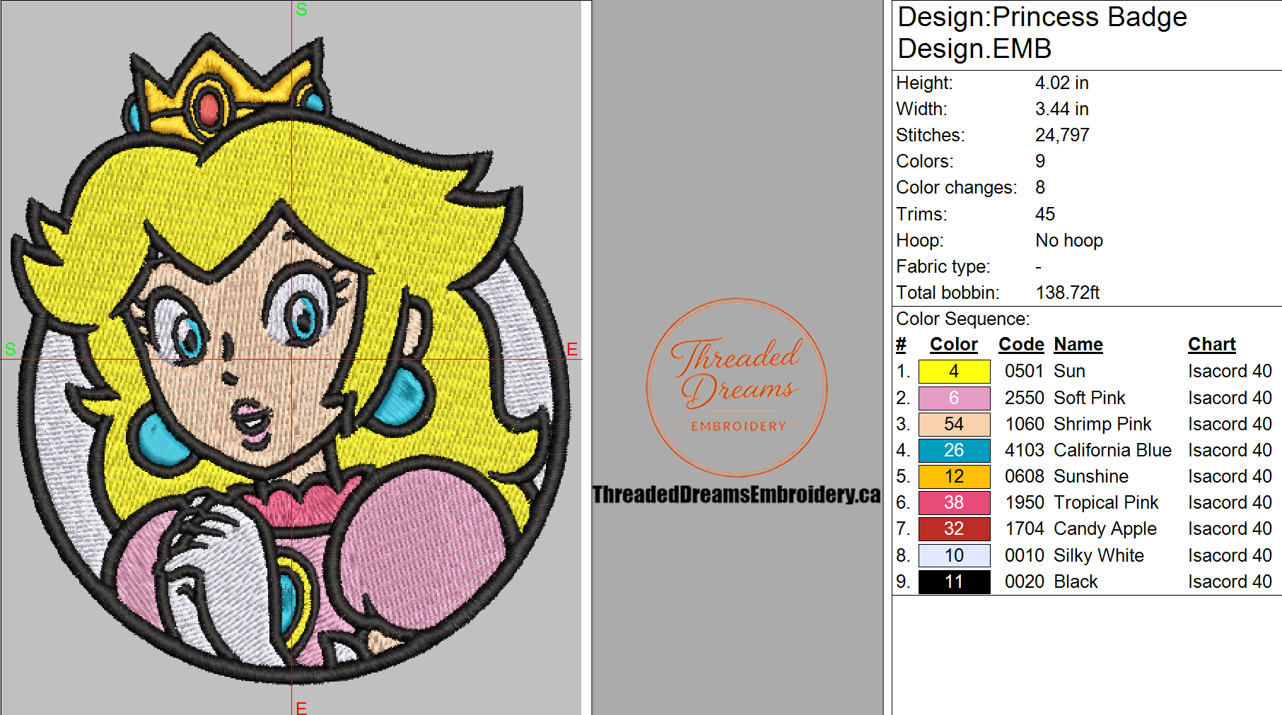 Princess Peach Badge Embroidery Design File | Digital Download | 6 Sizes & 7 Formats Included Threaded Dreams