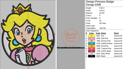 Princess Peach Badge Embroidery Design File | Digital Download | 6 Sizes & 7 Formats Included Threaded Dreams