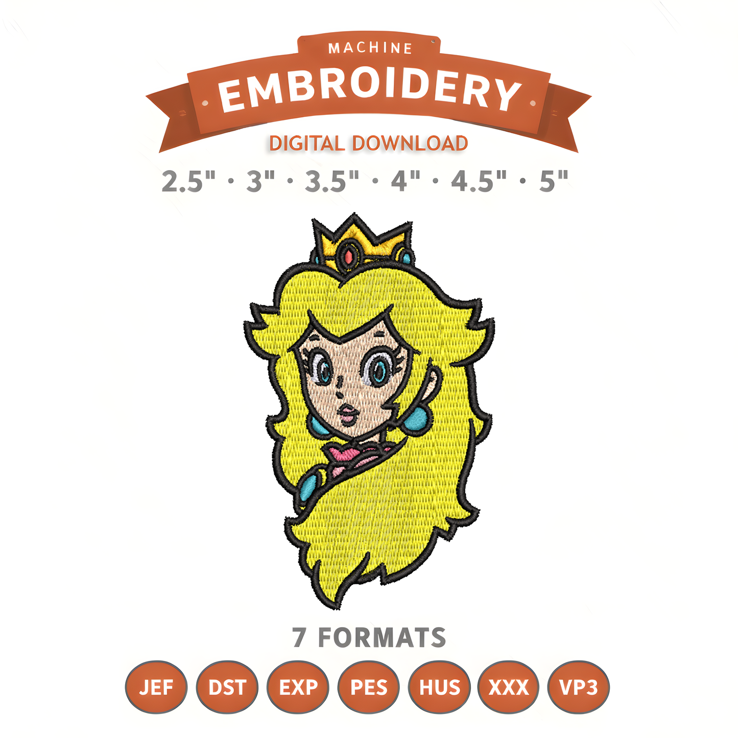 Princess Peach Embroidery Design File | Digital Download | 6 Sizes & 7 Formats Included Threaded Dreams