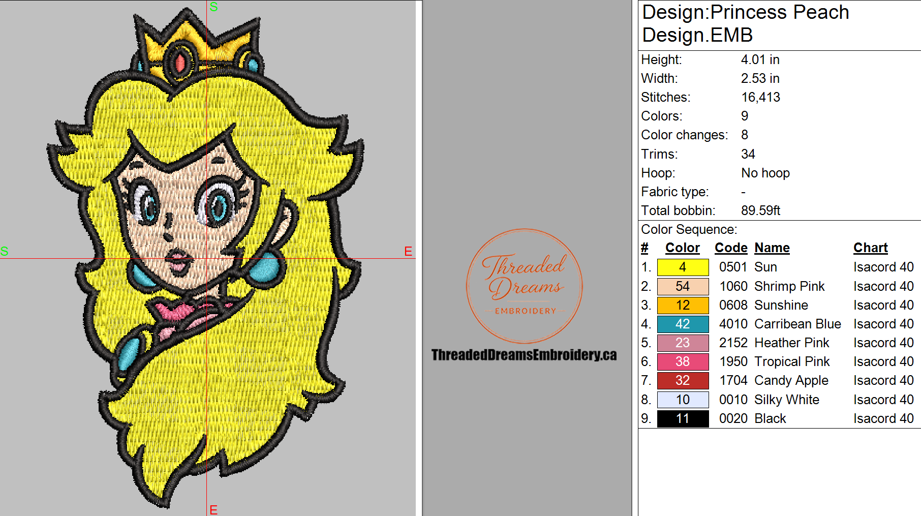 Princess Peach Embroidery Design File | Digital Download | 6 Sizes & 7 Formats Included Threaded Dreams