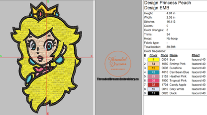 Princess Peach Embroidery Design File | Digital Download | 6 Sizes & 7 Formats Included Threaded Dreams