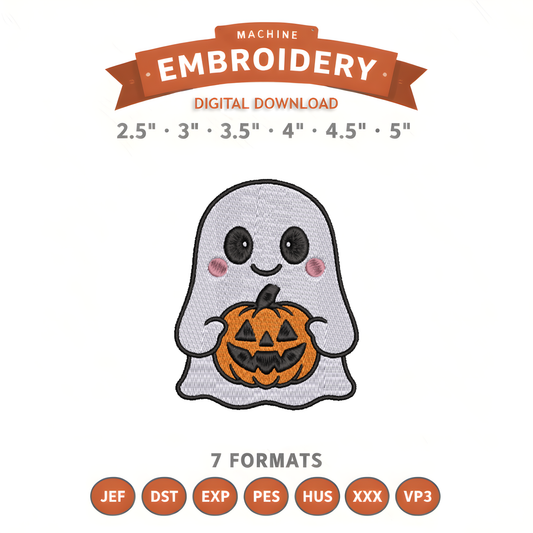 Halloween Ghost With Pumpkin Embroidery Design File | Digital Download | 6 Sizes & 7 Formats Included Threaded Dreams