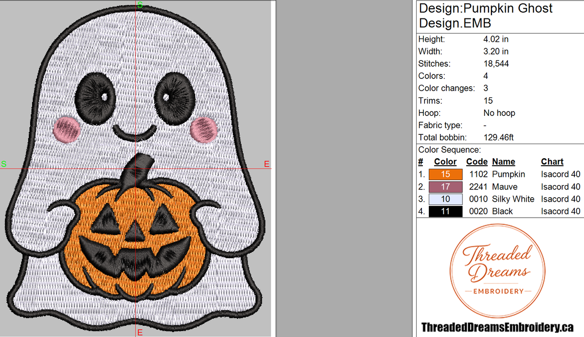 Halloween Ghost With Pumpkin Embroidery Design File | Digital Download | 6 Sizes & 7 Formats Included Threaded Dreams