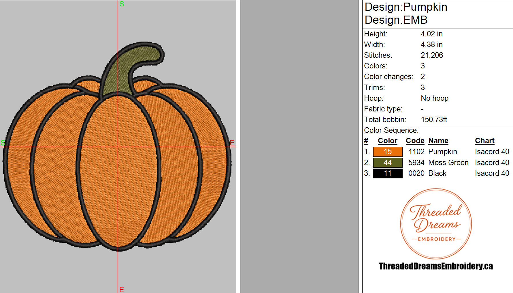 Pumpkin Embroidery Design File | Digital Download | 6 Sizes & 7 Formats Included Threaded Dreams