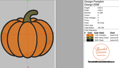 Pumpkin Embroidery Design File | Digital Download | 6 Sizes & 7 Formats Included Threaded Dreams