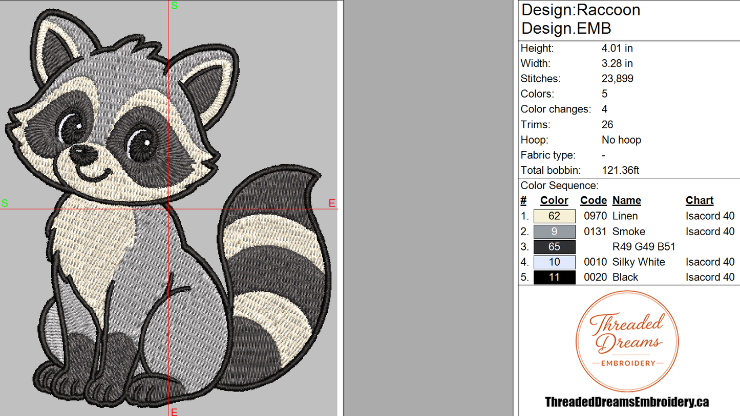 Woodland Raccoon Forest Animal Embroidery Design File | Digital Download | 6 Sizes & 7 Formats Included Threaded Dreams