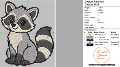 Woodland Raccoon Forest Animal Embroidery Design File | Digital Download | 6 Sizes & 7 Formats Included Threaded Dreams