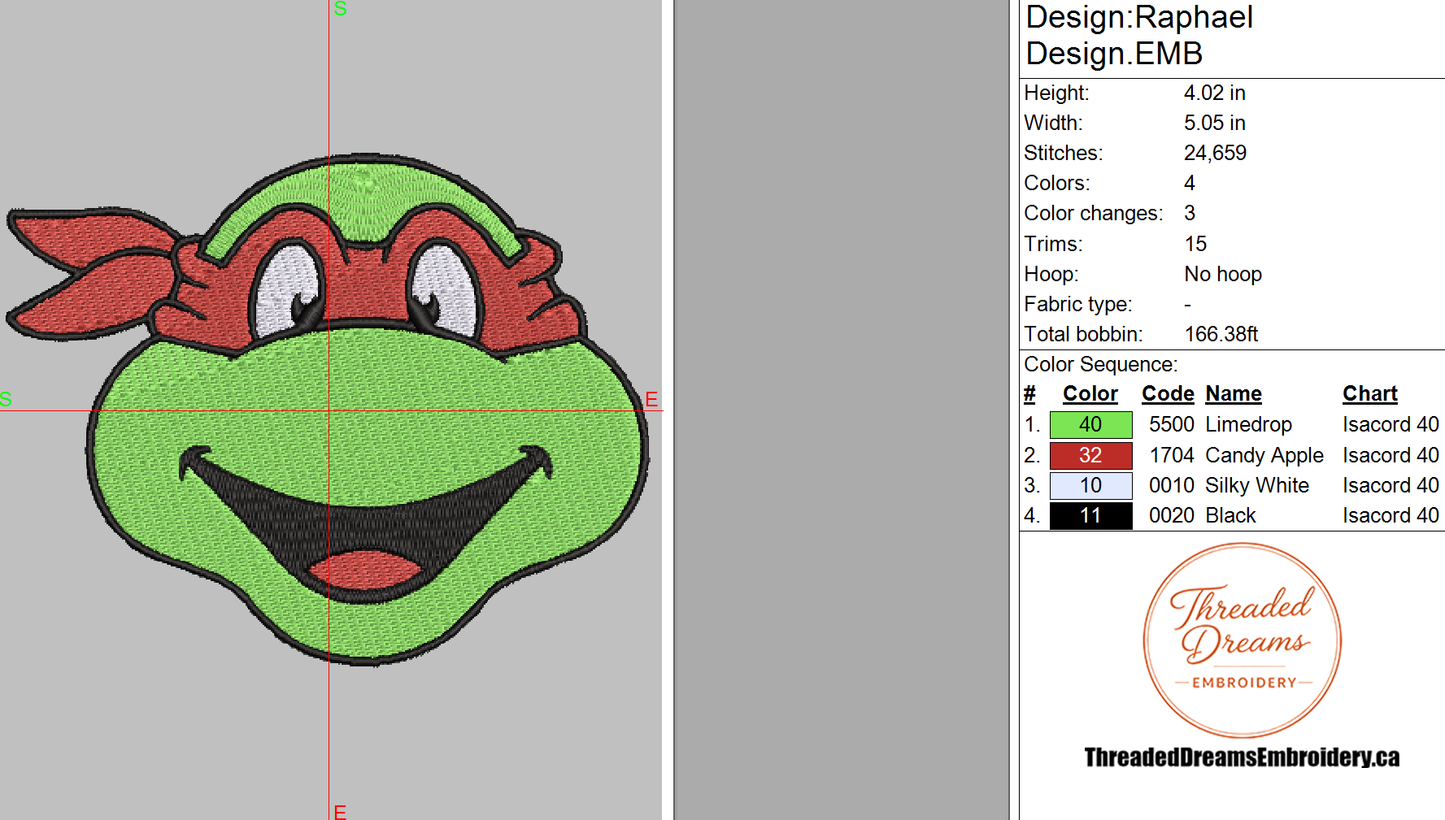 Ninja Turtles Raphael Embroidery Design File | Digital Download | 6 Sizes & 7 Formats Included Threaded Dreams
