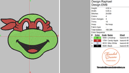 Ninja Turtles Raphael Embroidery Design File | Digital Download | 6 Sizes & 7 Formats Included Threaded Dreams