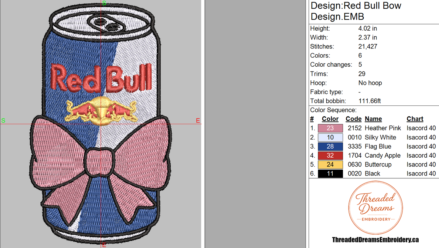 Red Bull Bow Embroidery Design File | Digital Download | 6 Sizes & 7 Formats Included Threaded Dreams