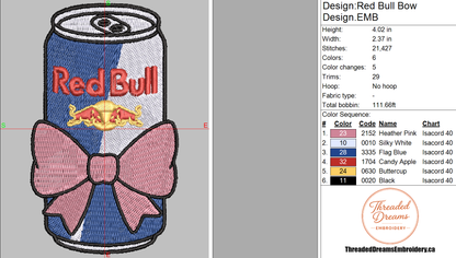 Red Bull Bow Embroidery Design File | Digital Download | 6 Sizes & 7 Formats Included Threaded Dreams