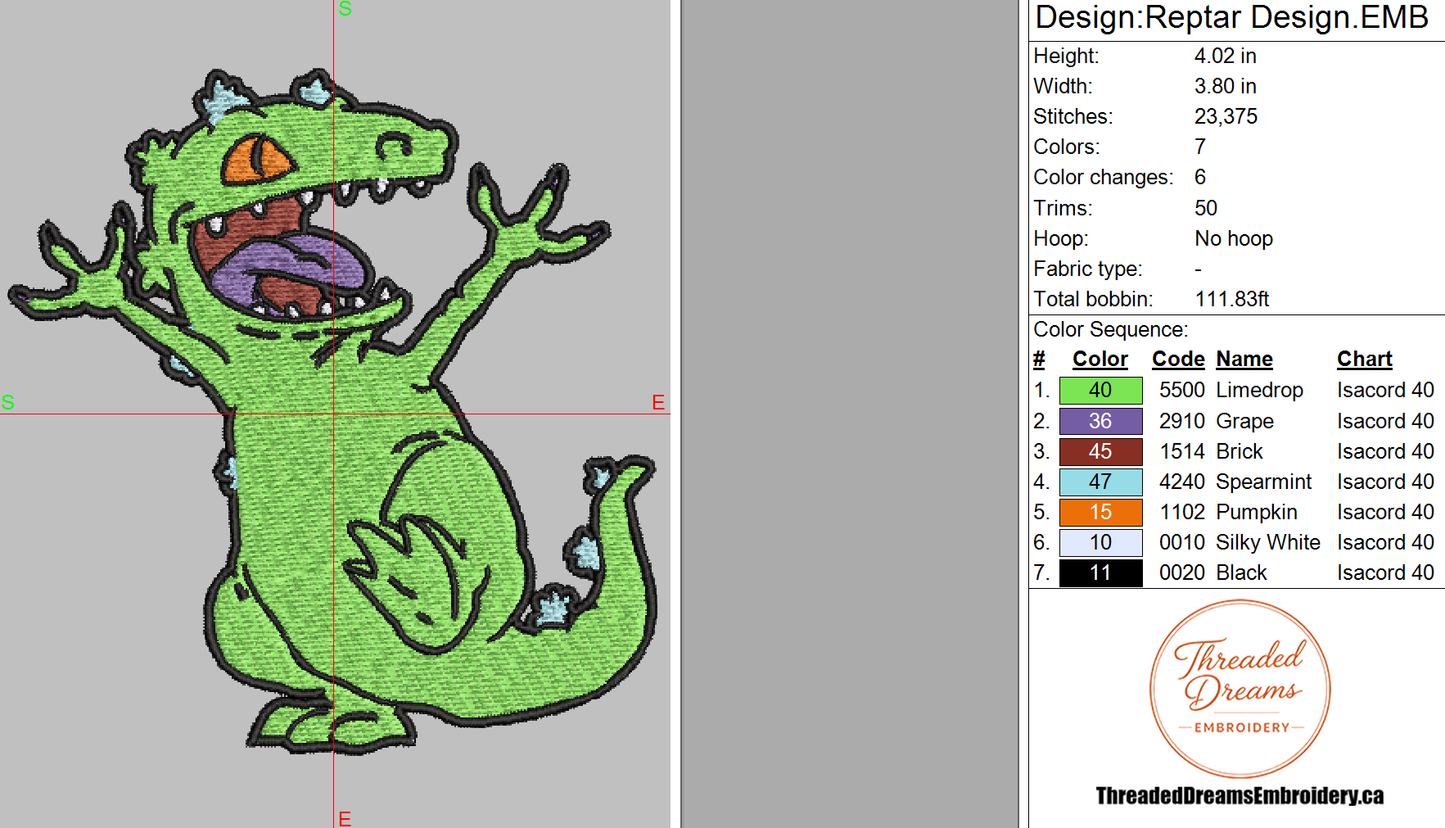 Rugrats Reptar Embroidery Design File | Digital Download | 6 Sizes & 7 Formats Included Threaded Dreams