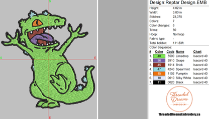 Rugrats Reptar Embroidery Design File | Digital Download | 6 Sizes & 7 Formats Included Threaded Dreams