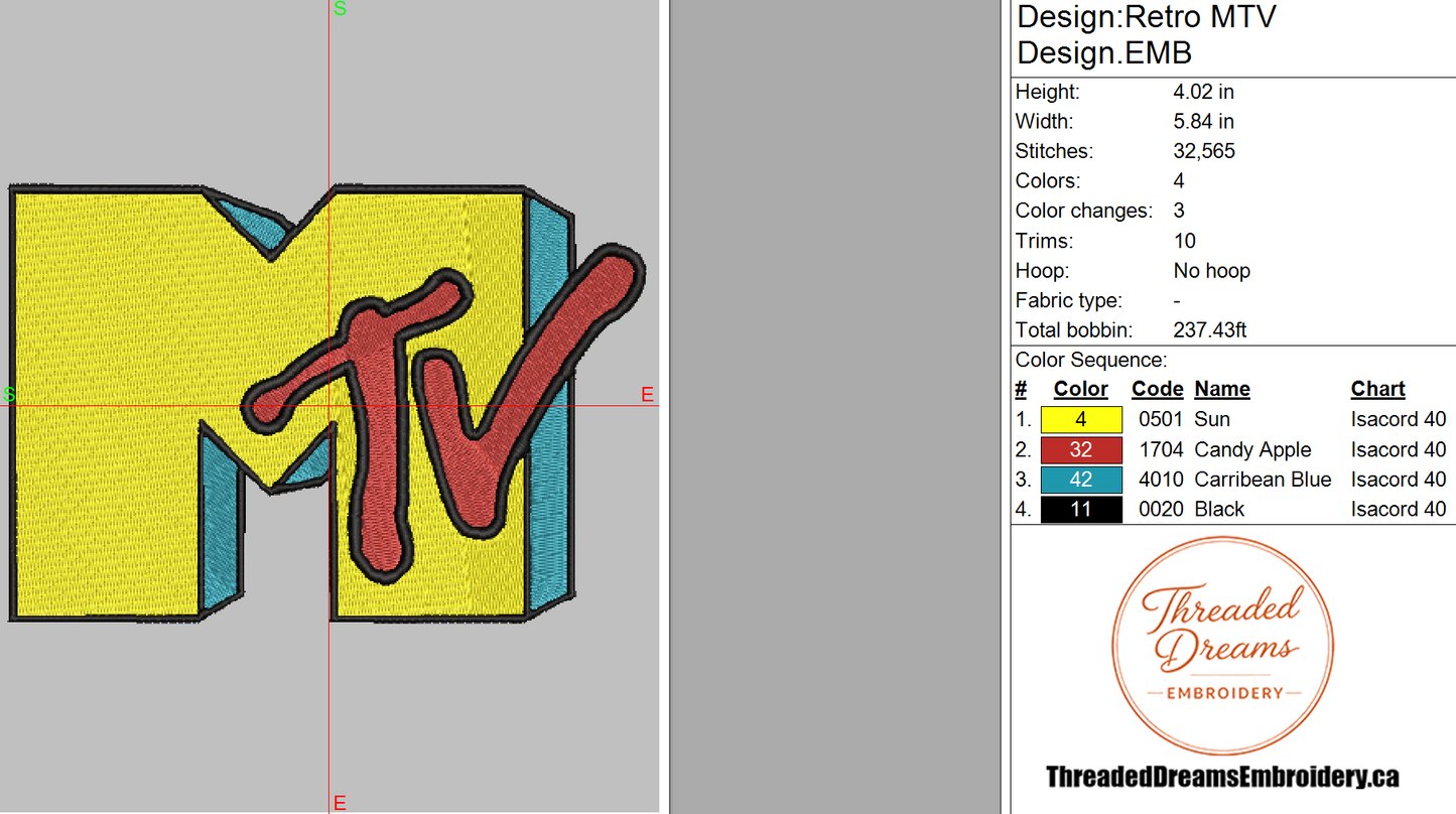 Retro MTV Embroidery Design File | Digital Download | 6 Sizes & 7 Formats Included Threaded Dreams