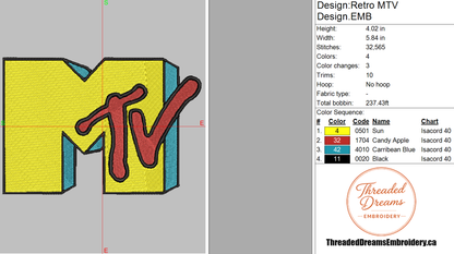 Retro MTV Embroidery Design File | Digital Download | 6 Sizes & 7 Formats Included Threaded Dreams