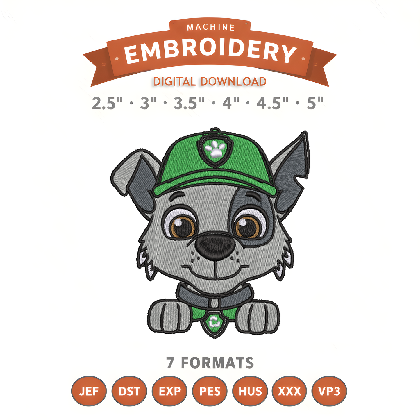 Paw Patrol Rocky Embroidery Design File | Digital Download | 6 Sizes & 7 Formats Included Threaded Dreams