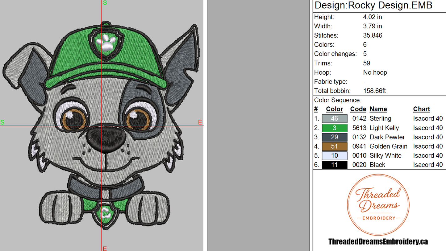 Paw Patrol Rocky Embroidery Design File | Digital Download | 6 Sizes & 7 Formats Included Threaded Dreams
