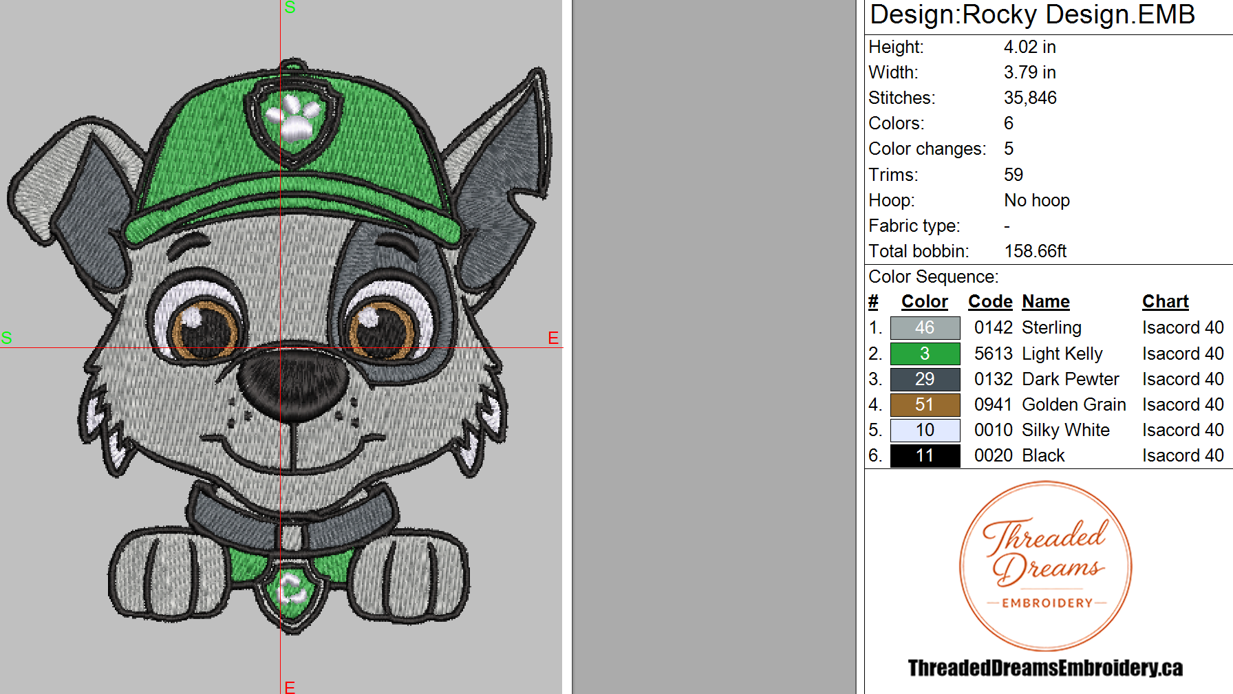 Paw Patrol Rocky Embroidery Design File | Digital Download | 6 Sizes & 7 Formats Included Threaded Dreams