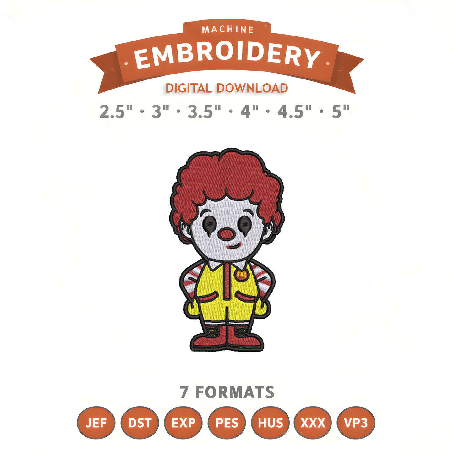 Ronald McDonald Embroidery Design File | Digital Download | 6 Sizes & 7 Formats Included Threaded Dreams