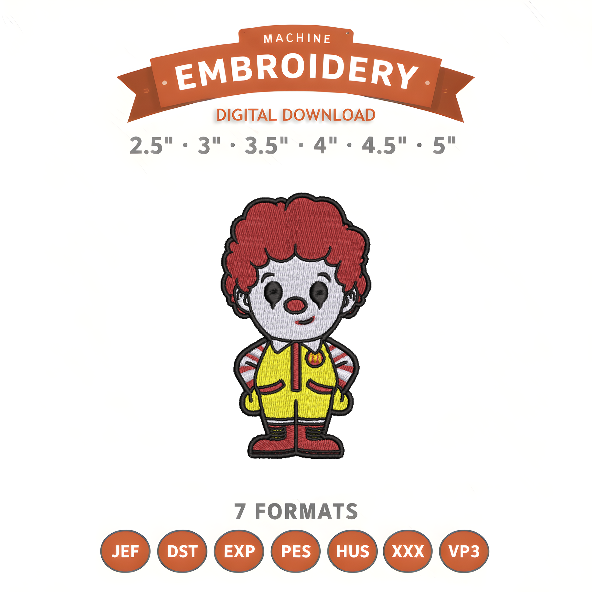 Ronald McDonald Embroidery Design File | Digital Download | 6 Sizes & 7 Formats Included Threaded Dreams