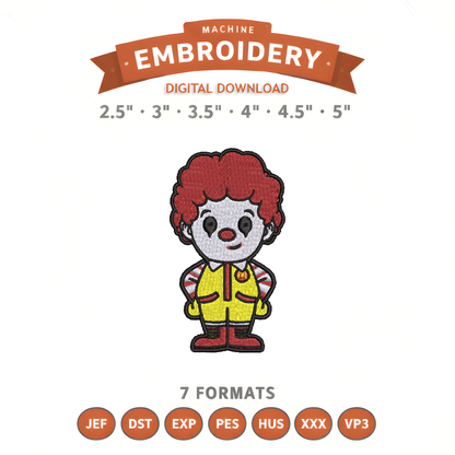 Ronald McDonald Embroidery Design File | Digital Download | 6 Sizes & 7 Formats Included Threaded Dreams