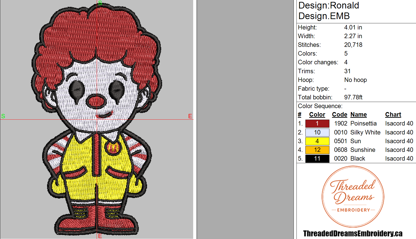 Ronald McDonald Embroidery Design File | Digital Download | 6 Sizes & 7 Formats Included Threaded Dreams