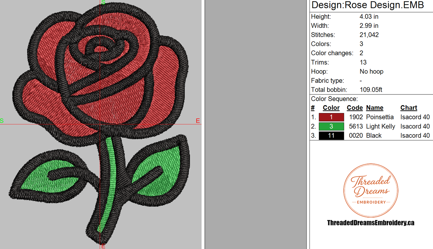 Rose Embroidery Design File | Digital Download | 6 Sizes & 7 Formats Included Threaded Dreams