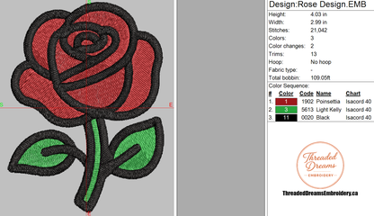 Rose Embroidery Design File | Digital Download | 6 Sizes & 7 Formats Included Threaded Dreams