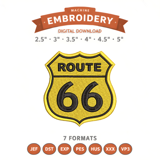 Route 66 Embroidery Design File | Digital Download | 6 Sizes & 7 Formats Included